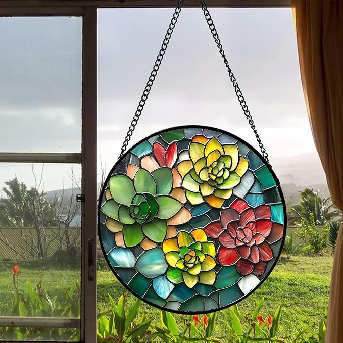 HWRHTR Stained Glass Window Hanging - Red Green Succulent Plants Suncatcher for Doors Window Home Sun Catchers Decor Christmas Mother's Day Birthday Gifts for Teacher Women Men Mom Nana 11.8 in