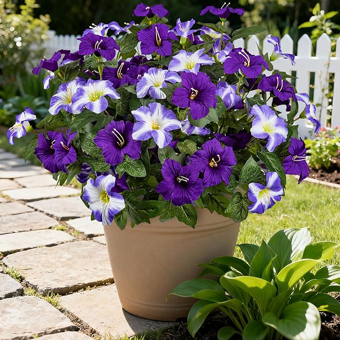 Brlita 19 Inch Artificial Flowers for Outdoor Indoor Garden Home Decoration,Faux Flower for Home Office Garden Patio Balcony 4 Bundles (Double Purple)