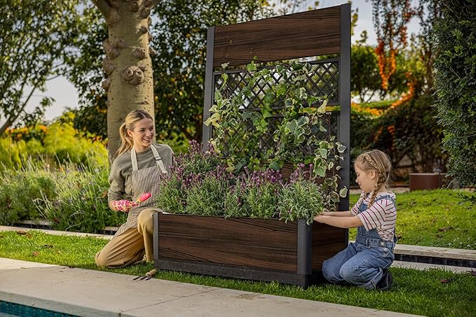Keter Outdoor Planter Box with Privacy Screen and Trellis – 26 Gallon Raised Garden Bed for Climbing Plants & Flowers – Wood-Look Resin, Weather-Resistant Divider for Patio, Balcony & Backyard