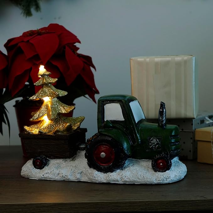 Alpine Corporation 7" Tall Holiday Green Tractor Pulling Gold Tree Statue with Warm White LED Lights, Christmas Decoration for Tabletop, Shelf, Mantel, or Entryway Display