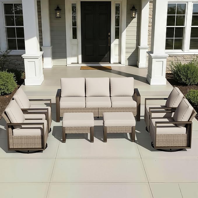 Outdoor Patio Swivel Rocker Chairs, 7 Pieces Wicker Furniture Set, 4 Swivel Rocking Chairs, 1 Sofa and 2 Ottoman, Metal Wide Armrest, Thick Cushions and Deep Seating for Garden, Backyard, Porch, Deck