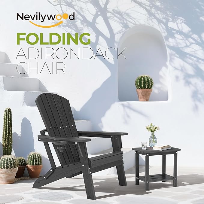 nevilywood Folding Adirondack Chair with Cup Holder Set of 4, HDPE Patio Chairs,All-Weather Outdoor Chairs for Backyard, Deck,Fire Pit-Black
