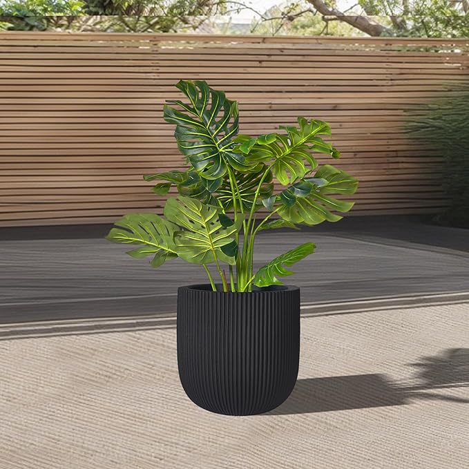 TerraDeco 16 Inch Handmade Concrete Outdoor Planter - Classic Striped Design | Fiberglass & Composite Material | Durable for Commercial & Home Decor