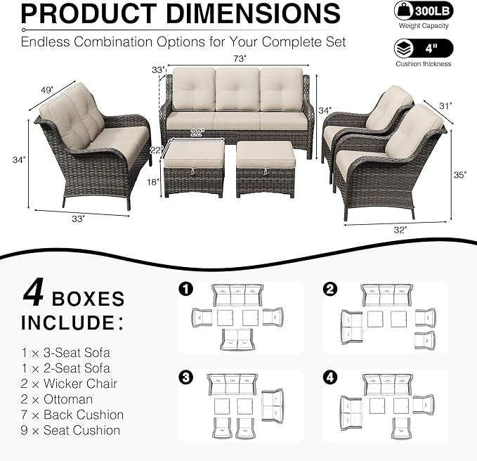 Joyside 6 Piece Wicker Patio Furniture Set, Rattan Patio Chairs with High Back, Deep Seating, Wide Armrest, Thickened Cushions, Outdoor Furniture for Deck, Porch Use