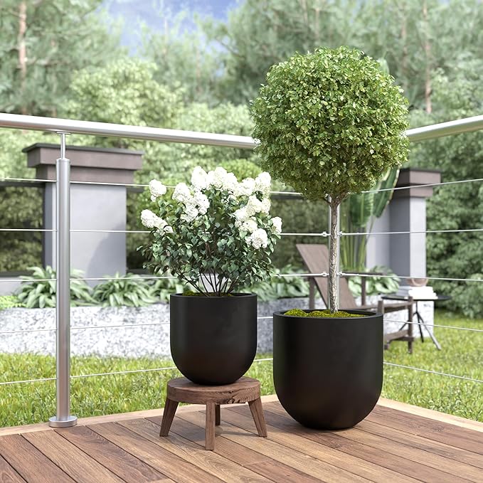 DTY Signature Mount Antero Modern Indoor Outdoor Fiberstone Bullet Shaped Planter, Durable Round Garden Pot, Weather Resistant, Drainage Hole & Rubber Plug - Small, Black
