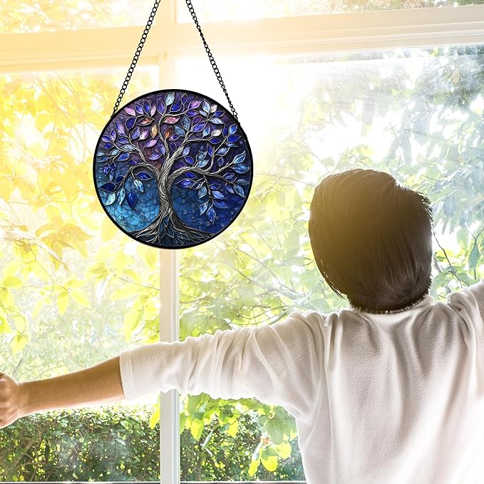 DASTOLL Stained Glass Window Hanging, Blue Purple Tree of Life Sun Catchers Colorful Glass Panel Plants Suncatcher Decor for Birthday for Women,Men,Wife, Lovers, and Mom 6.3 in