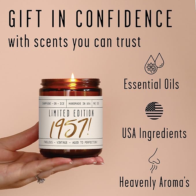 69th Birthday Gifts for Women - 'Limited Edition 1957' Soy Candle, w/Champagne on Ice I 69th Birthday Gift for Her Ideas I 9oz Reusable Jar, 50Hr Burn, Made in USA
