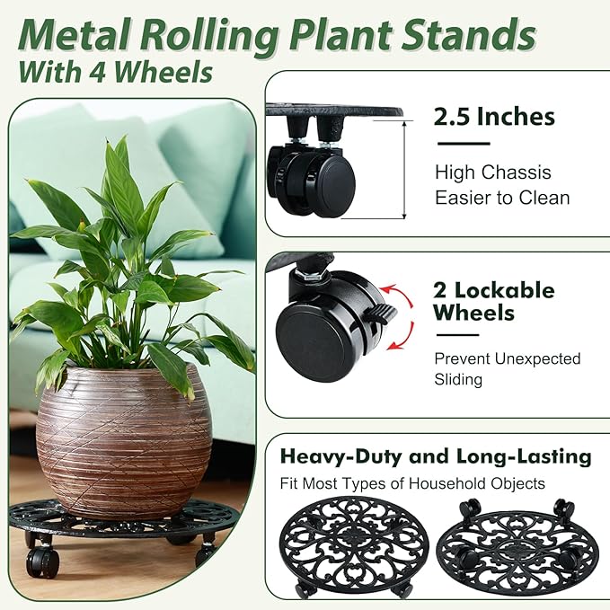 2 Packs 14 Inch Rolling Plant Stand with Wheels Metal Plant Caddy with Wheels Heavy Duty Round Plant Stand Indoor Iron Plants Rollers for Plants, Plant Dolly with Plant Saucers