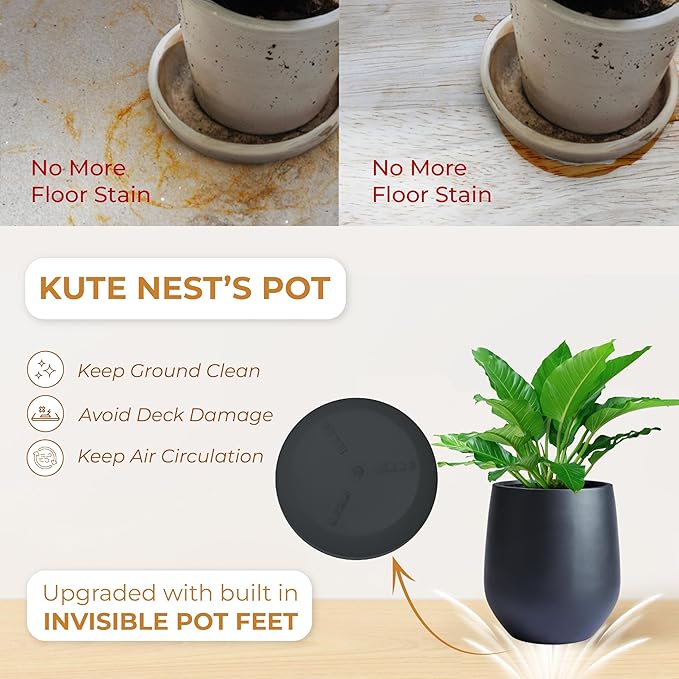 KUTE NEST 21" H x 19" D Corso Fiberstone Round Tapered Planter with Drainage Hole, Smooth Finishes, Weather Resistant for Indoor and Outdoor Use, Included 2 Extra Coco Mats (Black, 15" Pot Opening)