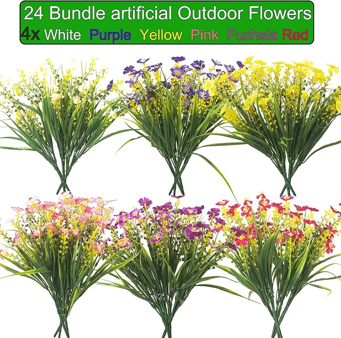 Grunyia 24 Bundles Artificial Faux Flowers Outdoor Plants for Autumn Summer Decoration,Fake Silk Realistic UV Resistant Colorful Daisy for Outside Home Porch Patio Balcony Yard Decor