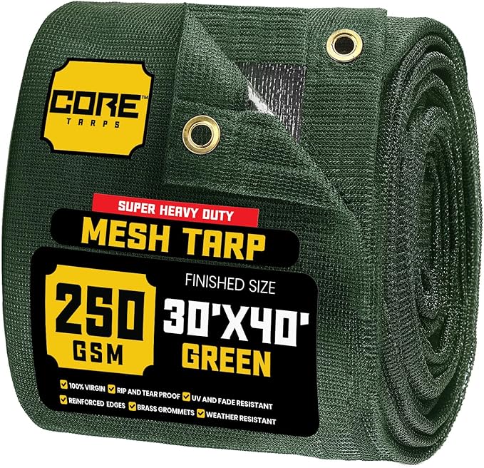 Core Tarps 60% Green Shade Cloth with Grommets - 30 X 40 FT Heavy Duty Mesh Tarp - Sun Shade Cloth for Garden Vegetables Plants Greenhouse Outdoors Backyard Fences Dump Trucks Patio Mesh Shade Tarp