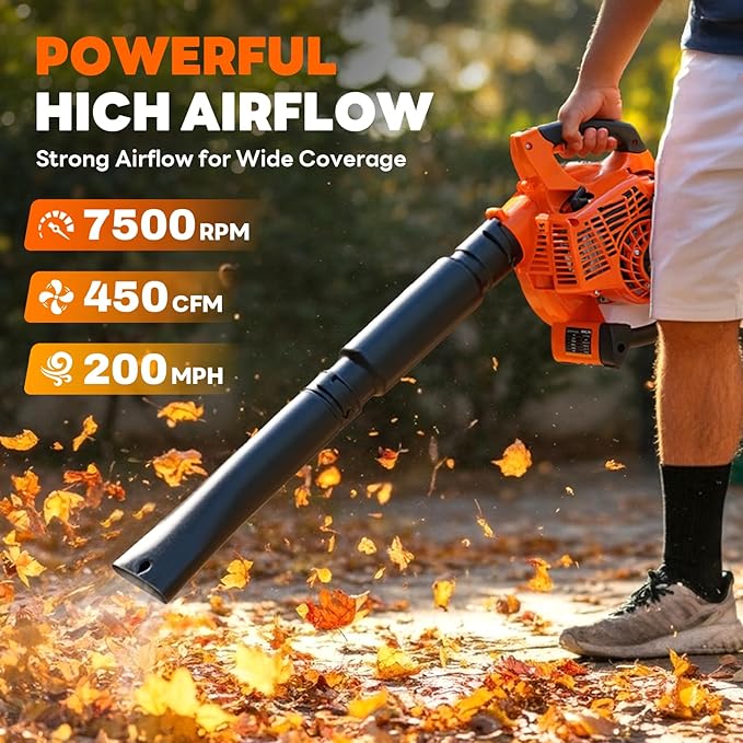 3-in-1 26CC Gas Leaf Blower & Leaf Vacuum Mulcher,Handheld Light Blower with Bag,450CFM 200MPH Gas Powered Leaf Blower for Lawn and Yard Care, Low Vibration 2-Cycle Engine Performance