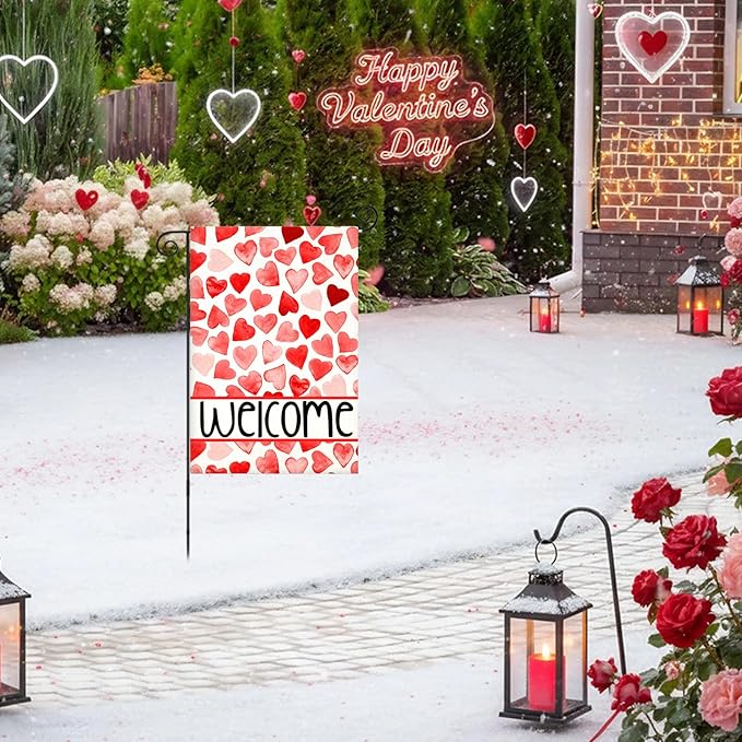 Welcome Love Hearts Garden Flags for Outside Decoration, Valentines Love Hearts Small Yard Flag, Anniversary Wedding Seasonal Farmhouse Holiday Outdoor Decor 12x18 Inch Vertical Double Sided