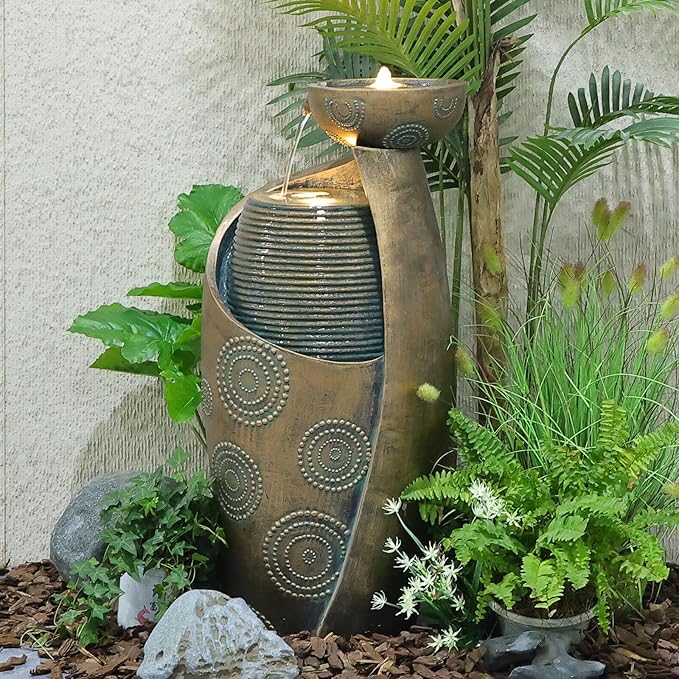 Vase Outdoor Water Fountain, 31.4''H Jar Waterfall Fountain with Warm LED Lights&Durable Pump for Yard, Porches, Home Décor,Garden,Office