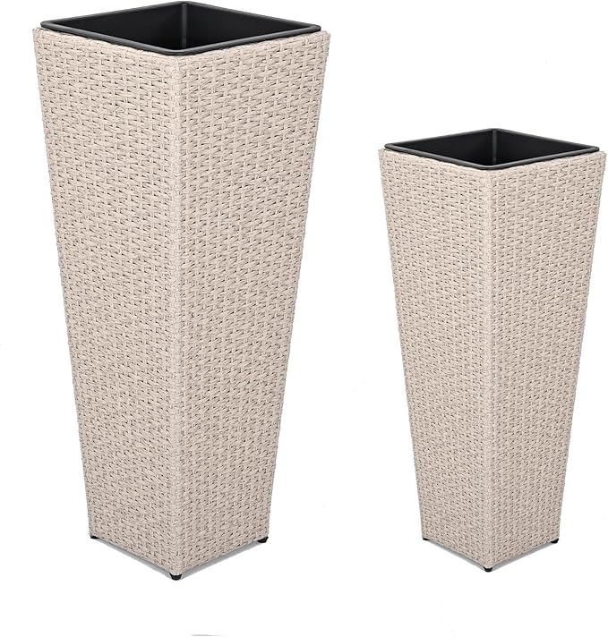 Christopher Knight Home Jorine Patio Wicker Planters Set of 2, Rattan Garden Urn, Iron Frame Flower Pots, Woven Wicker Garden Pot, 2 Plant Urns with Drainage Hole for Backyard Hall Balcony, Beige