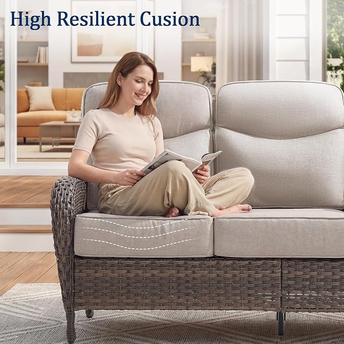Outdoor Swivel Rocking Chair Patio Set (8pcs), High-Back - Thick Cushion Swivel Rocking Chair Patio Set, All-Weather Wicker Patio Furniture Set, Suitable for Balcony Patios, Brown/Beige