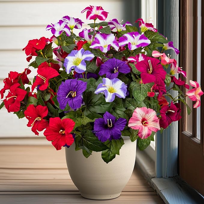 Brlita 19 Inch Artificial Flowers for Outdoor Indoor Garden Home Decoration,Faux Flower for Home Office Garden Patio Balcony 4 Bundles (Multiple Color)