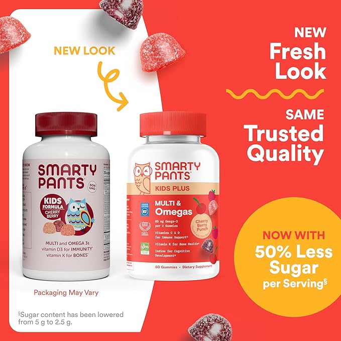 SmartyPants Kids Multivitamin Gummies - Improved Formula: Omega 3 (DHA/EPA), Vitamins D3, C, B12, B6, Vitamin A, K & Zinc, Gluten Free, Cherry Berry Punch Flavors, 60 Count (30 Day Supply)