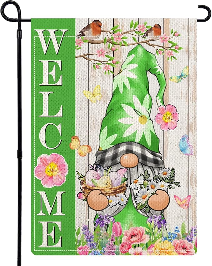 Spring Gnome Garden Flags for Outside, Floral Birds Welcome Yard Flags, 12x18 Double Sided, Seasonal Lawn Flag, Gnomes Decorations for Porch Farmhouse
