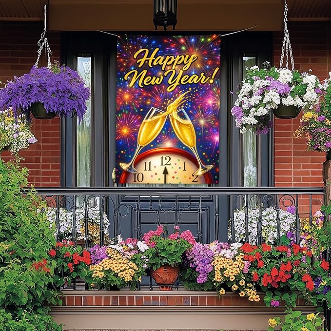 Happy New Year House Flag 28x40 Inch Champagne Glasses Fireworks and Clock Design Garden Flag Colorful Outdoor Yard Decoration Holiday Celebration Banner for Home Porch Lawn