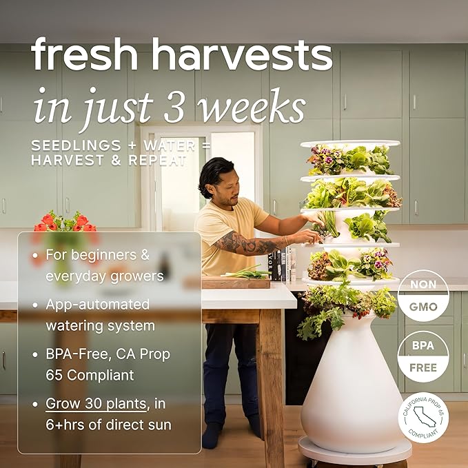 Farmstand Starter Kit with Glow Rings and 30 Seedling Credits | Family Hydroponic Growing System Kit | Vertical Garden Planter Tower | 5ft 5in Tall