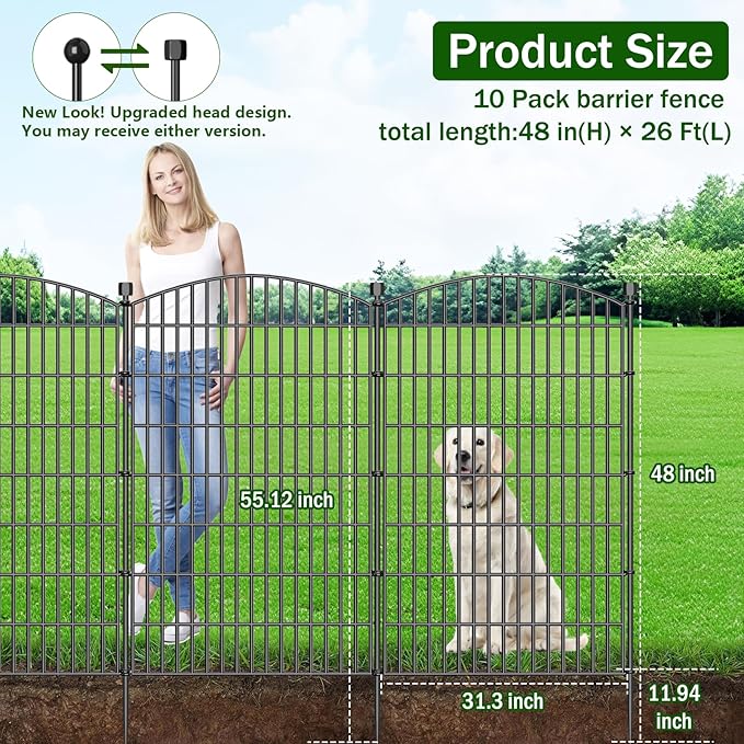No Dig Decorative Garden Fence 10 Panels, 48 in (H) x 26 ft (L), Dog Fence Outdoor for Yard, Rustproof Metal Animal Barrier Ground Stakes Fencing for Garden, Patio, Flower Bed