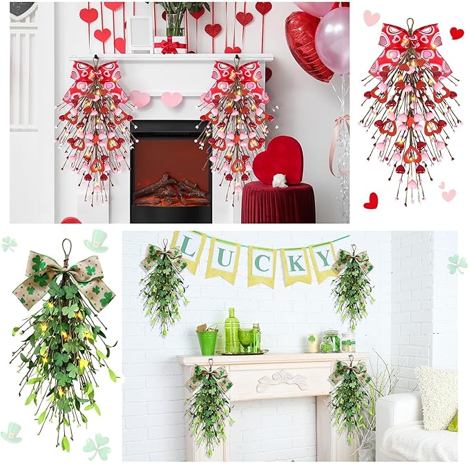 2 PCS 24" Valentine’s St.Patrick's Day Swag Wreath for Front Door Artificial Heart Shamrock Teardrop Swags Wreath Lucky Irish Valentines Kitchen Cabinet Wreaths for Home Porch Wall Window Decoration