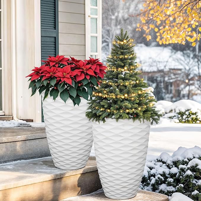 Ultym 19" H Coastal Planter for Indoor/Outdoor Plants, Set of 2 Large Flower Pot with Drainage Hole, Weather/UV Resistant Resin Planters for Garden Patio Porch Home Office Decor, Matte White Wavy