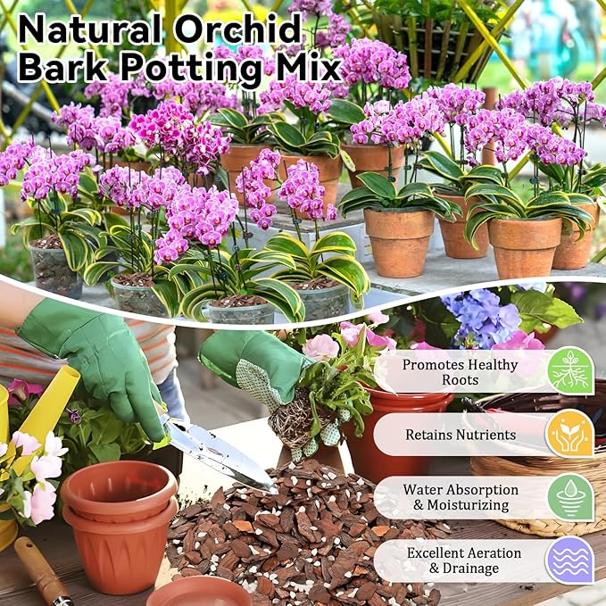 Riare 4QT Orchid Potting Mix, Natural Orchid Bark Potting Mix Soil Medium with Pine Bark and Perlite, Premium Orchid Repotting Kit for Phalaenopsis Dendrobiums, Enhanced Drainage & Root Expansion
