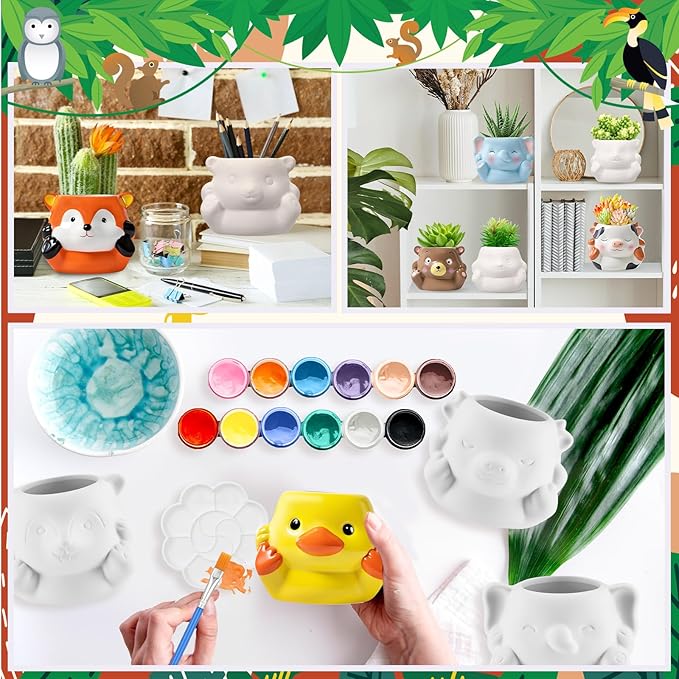 Chuangdi 6 Sets DIY Ceramic Succulent Pots Paint Animal Planters Unpainted Plant Flower Pot Paintable Ceramic Painting Kit Drainage Hole Color Paints Paintbrushes Palettes for Craft(Novel Style)