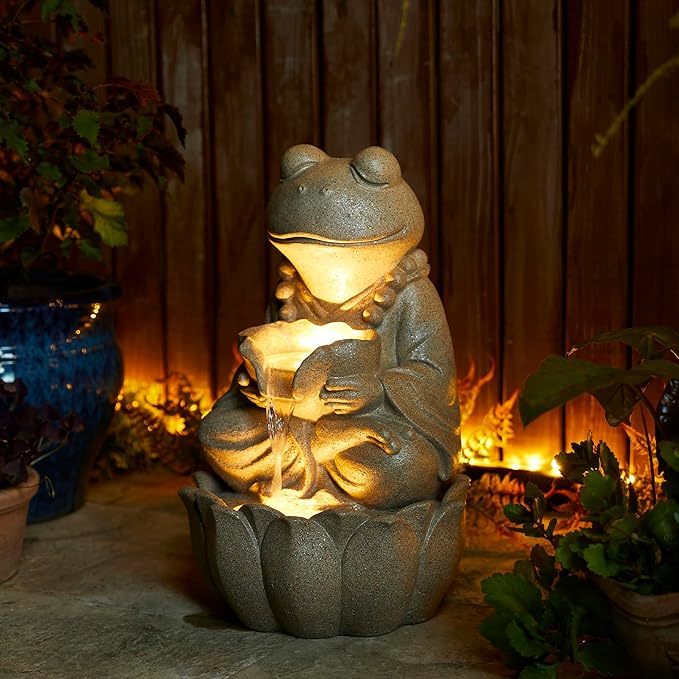 Glitzhome 2-Tiered Zen-Style Frog Polyresin Outdoor Fountain with Pump and LED Light, 21.75" H, Sand Beige