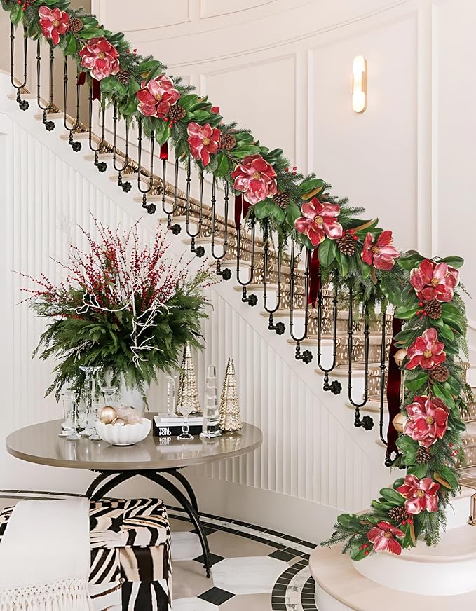 Briful 5FT Christmas Magnolia Flower Garland with Pine Cones Berries Artificial Silk Floral Vine Faux Flower Garland for Xmas Backdrop Table Wall Wedding Party Home Decor