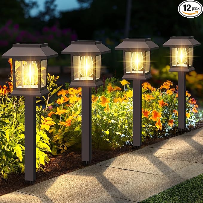 Benany Solar Outdoor Lights, 12 Pack Solar Pathway Lights Waterproof, Landscape Lighting for Path Walkway Lawn Garden Yard Outside Décor, Brown