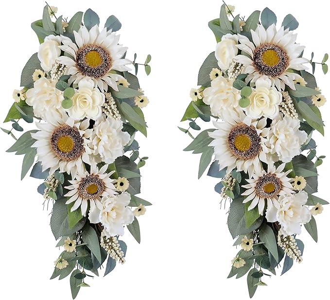 2-Pcs Spring Summer Floral Teardrop Swags - 28” Artificial Sunflower, Peony, Rose Teardrop Wreath for Door, Wall, Window - White Floral Arrangement for Home Decor
