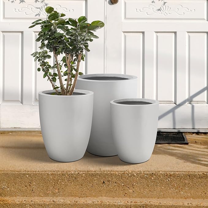 Kante 18.1",20.5",22.4" H Tall Round Concrete Planters Set of 3, Outdoor Indoor Modern Decorative Plant Pots with Drainage Hole & Rubber Plug for Home & Garden Pure White