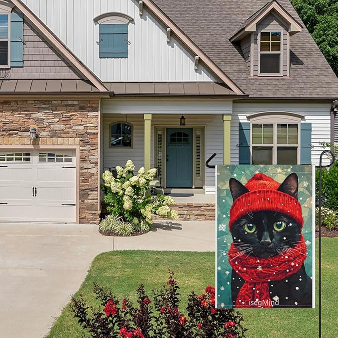 Black Cat with Red Scarf and Hat Snowflake Christmas Garden Flag, 28x40 Inch Double Sided Linen Holiday Red Winter Farmhouse Yard Outdoor Decoration (4331)