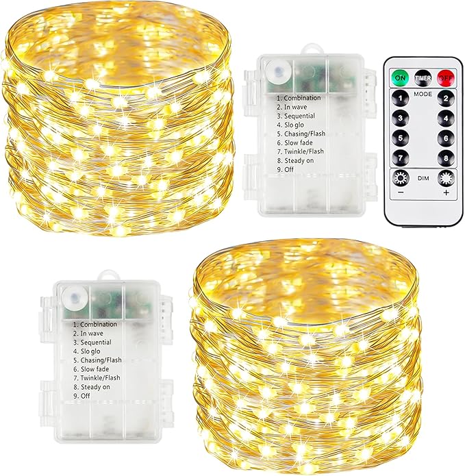 2 Pack Fairy Lights Battery Operated with Remote, 120LED 40FT Twinkle Lights Waterproof for Outdoor & Indoor, 8 Modes Battery String Light Timer for Christmas Party Wedding Home DIY Décor(Warm White)