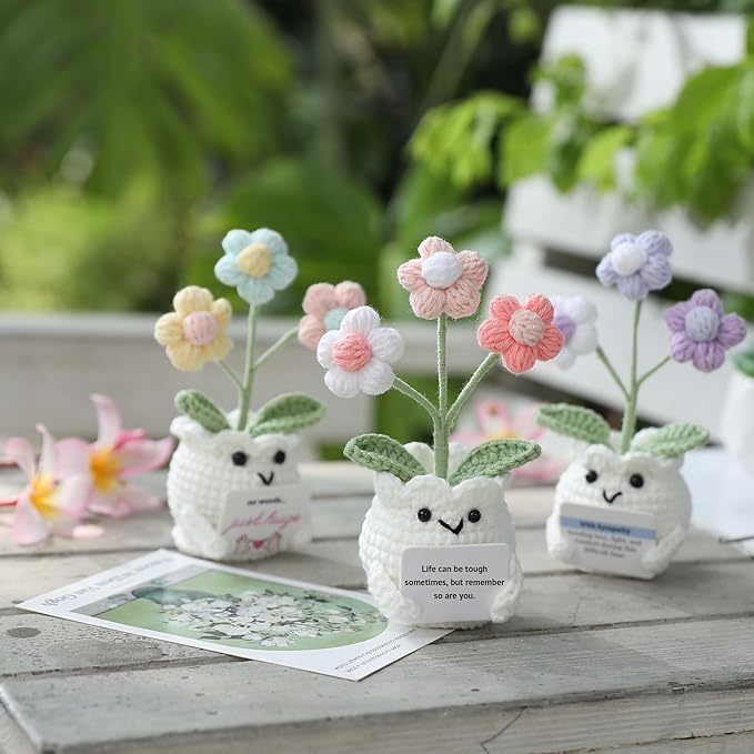 YOOJEE Crochet Sympathy Gifts for Loss of Loved One – Send Sympathy Crochet Puff Flower Potted Plant with Comfort Card – Bereavement, Grief Support Gift Idea for Grandpa Grandma Mom Dad Women Friends