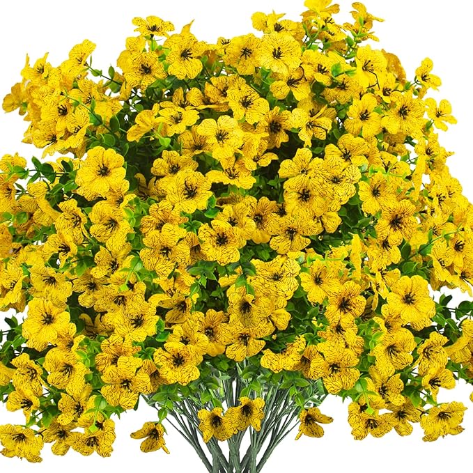 Grunyia Artificial Fake Flowers for Outdoor Spring Decoration, 16 Bundles Faux Silk Colorful Daisy UV Resistant Realistic for Outside Porch Patio Home Yard Garden Planters Pots Window Box (Yellow)