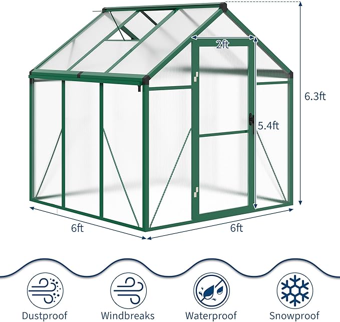 6x6 FT Greenhouse, Greenhouses for Outside, Polycarbonate Greenhouse with Aluminum Frame, Lockable Door and Ajustable Roof Vent for Backyard, Green Houses for Outside Garden Backyard, Patio