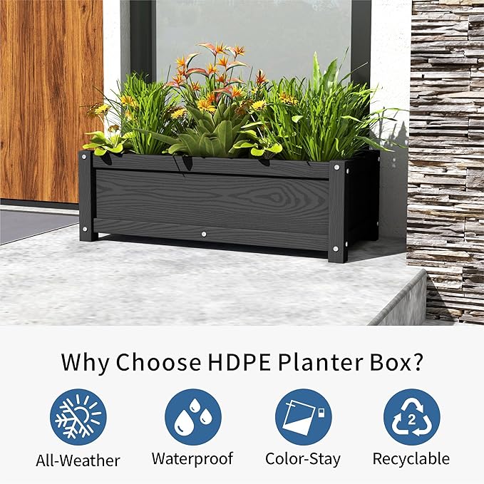HDPE Planter Box, All-Weather Outdoor Garden Bed Easy to Assemble, Drainage System, Low Maintenance, Non-Fading, for Flower/Herb/Seed (Black)