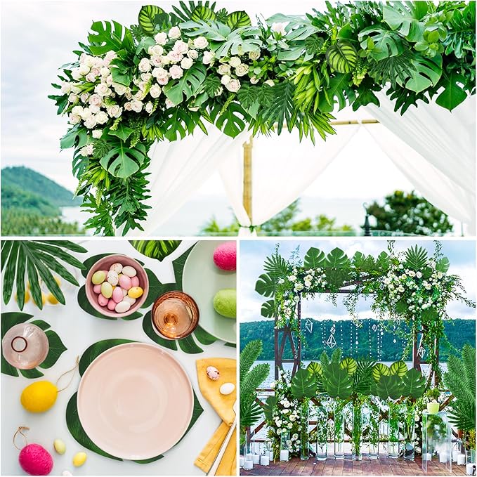 Tropical Party Decorations, 50 Pieces 7 Kinds Palm Leaves Artificial Tropical Monstera, Green Jungle Leaf with Stem for Jungle Hawaiian Luau Party Table Decoration Wedding Birthday