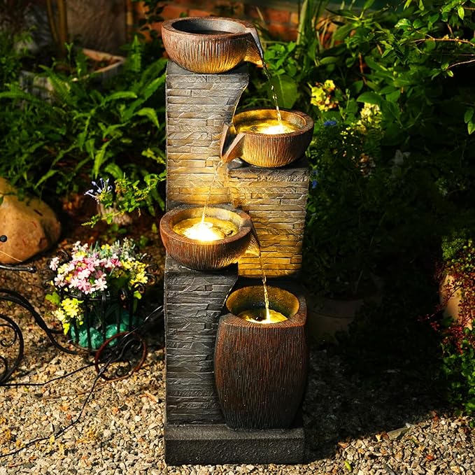 38.2" Tall Outdoor Water Fountain,Stone Texture Modern 4 Tiers Cascading Bowls Garden Fountains Outdoor,Suit for Patio, Deck, Porch, Lawns, Backyard and Home Art Decor