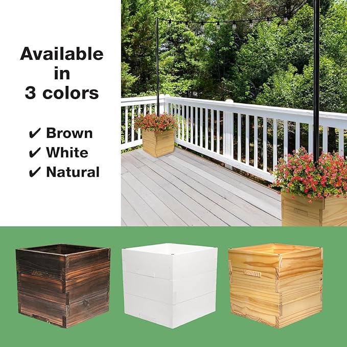Large Decorative Wooden Planter w/ Universal Pole Support for String Light Poles, Umbrellas, Bird Feeders. Solid Wood Outdoor Garden Patio Box For Plants(Does not include Pole), 14"x14"x14", Brown