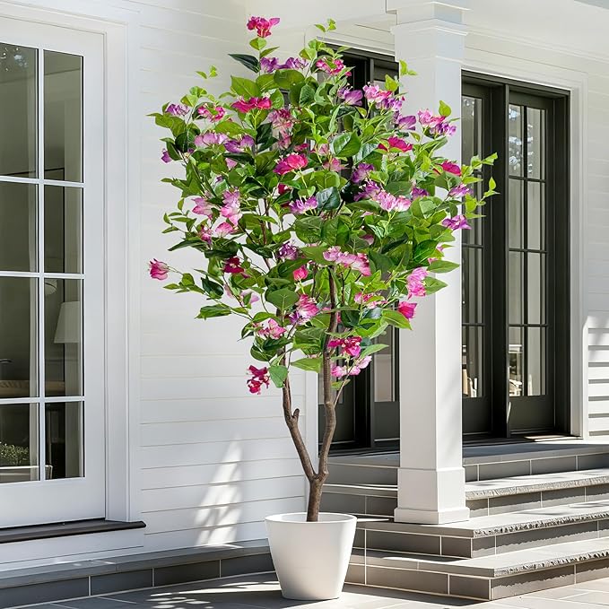 6FT Artificial Bougainvillea Tree Artificial Tree Tall Potted Fake Bougainvillea Trees for Outdoor Indoor Lifelike Potted Faux Plants with Wood Trunk and Flowers Office Wedding Home Decor