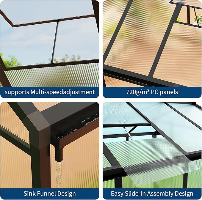 8X10FT Outdoor Greenhouse, Aluminum Polycarbonate House, Green Houses for Outside with Sliding Doors, Ajustable Roof Vent, Withstands Bad Weather for Garden, or Backyard, Black