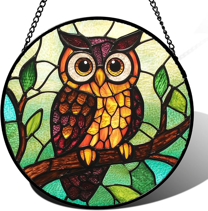 HWRHTR Stained Glass Window Hanging - Owl on a Branch Suncatcher for Doors Window Home Orange Brown Sun Catchers Decor Christmas Mother's Day Birthday Gifts for Teacher Women Men Mom Nana 6.3 in