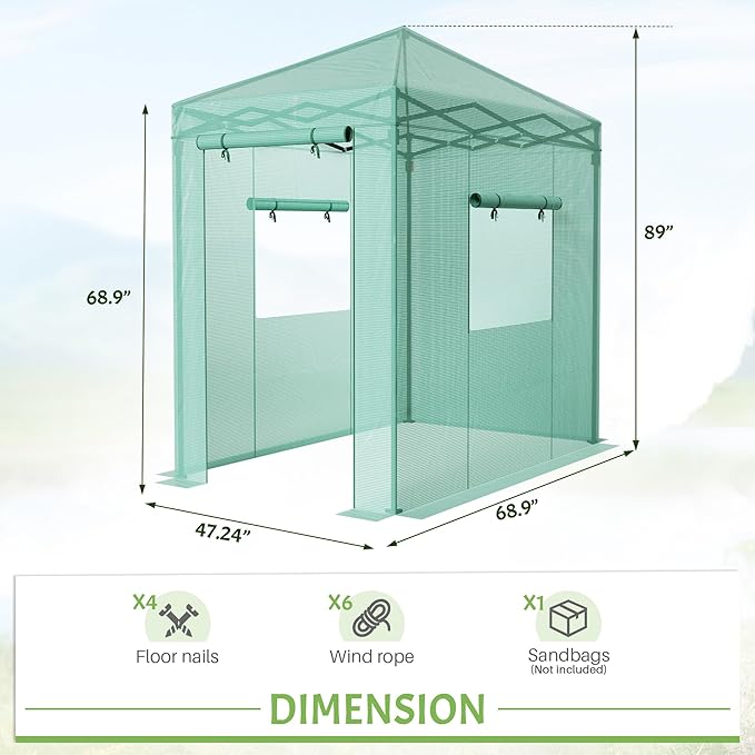 Greesum 6x4 FT Portable Small Greenhouse with PE Cover, Zippered Door and 2 Roll-up Windows, Easy Assemble(Green)