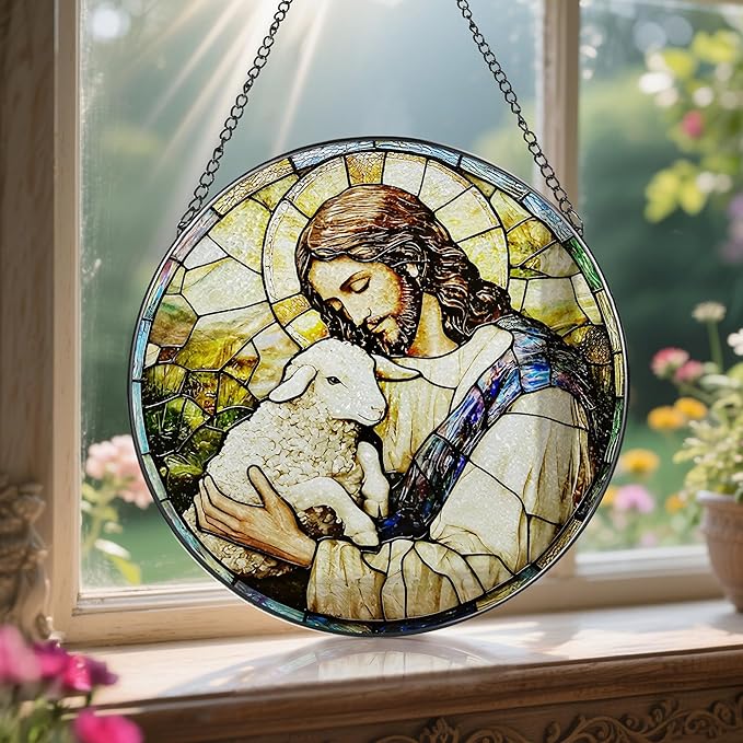 8 Inches Jesus Holding Lamb Painted Stained Glass Suncatcher, Christian Ornament, Window Hanging Decor, Christmas Decor, Christian Gift, Religious Gift, Gifts for Christmas