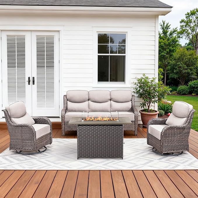 Luxury High Back Patio Furniture Set with Fire Pit Table, 4-Pieces Outdoor Furniture with 6" Thick Cushions Swivel Chairs, Wicker Conversation Set for Porch, Balcony, Deck and Yard, Brown/Beige